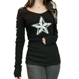 Taooba Star Pattern Rhinestone T-shirt Dark Academia Long Sleeve V Neck Pullovers Y2K Aesthetic Grunge E-girl Gothic Tees Tops Women