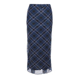 Taooba- Y2k Plaid Long Skirt Low Waist Slim Women Streetwear Gyaru Mesh Patchwork Straight Maxi Skirt Autumn Fashion Girl