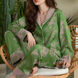 Taooba Christmas Gift Women Pajamas Set Large Collar Green Cardigan Home Wear Two-Piece Long-Sleeved Outside Ladies Ice Silk Sleepwear Spring Autumn