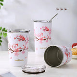 Taooba-304 Stainless Stee Cup Cherry Blossom Thermal Mug with Lid Hands-on Straw Cup Milk Tea Coffee Cup Leak-Proof Water Cup Travel