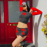 Taooba-Y2k Women Two-piece Skirt Suit Black Red Patchwork Cropped Tops + Star Pattern Side Slit Skirt Sets Fall Spring Clothing