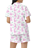 Taooba-Women 2 Piece Y2k Rabbit Print Pajama Set Short Sleeve Lapel Collared Button Down Shirt Shorts Pjs Lounge Easter Day Sleepwear