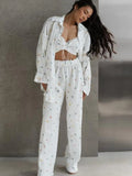 Taooba Linad Loose Women's Home Clothes 3 Piece Sets Print Long Sleeve Pajamas Female Bra Cotton Suits With Shorts Summer Sleepwear