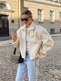 Taooba White Fashion Zipper Lamb Wool Jacket For Women Chic Lapel Long Sleeve Loose Cropped Coat Female Fall Winter Casual Outwear 2024