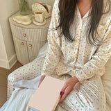 Taooba Y2K Vintage Print Button Up Long Sleeve Blouse T-shirt Tops + Pants Women Pajamas Cute 2 Piece Set Home Loungewear Sleepwear