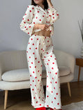 Taooba-Autumn Women 2 Piece Pajama Set Korean Heart Print Long Sleeves Button Shirt and Elastic Pants CottonLoungewear Soft Sleepwear