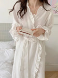 Taooba Christmas Outfit Women Robe Ruffles Sleepwear V-Neck Bathrobe Kimono Robes with Belt Korean Night Dress Bridesmaid Dressing One Piece Pajamas