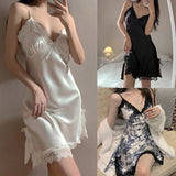 Taooba Nightdresses Women Sexy Halter Lace V-neck Sleepwear Female Sleeveless Nightwear Hot Erotic Sleep Nightdress For Ladies