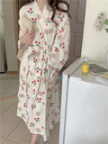 Taooba Women Robe V-Neck Sleepwear Print Bathrobe Kimono Robes with Belt Korean Night Dress Bridesmaid Dressing One Piece Pajamas