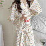 Taooba Christmas Gift Robe Women Cotton Floral Long Sleeve Nightwear Shower Bathrobe Kimono Cute Sweet Women's Sleepwear Pajamas Dressing Gowns Robes