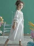 Taooba Vintage Princess Soft Cotton Half Sleeve Parent-child Matching Nightgowns Spring Autumn Sweet Kid's Lace Sleepwear