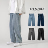 Taooba-Korean Fashion Men's Baggy Jeans Classic All-match Solid Color Straight-leg Denim Wide-leg Pants Male Light Blue Grey Black