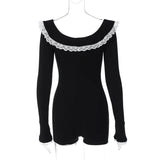 Taooba- Velvet Lace Long Sleeve Doll Collar Ladies Solid Women Rompers Bodysuit Y2K Streetwear Wholesale Workout Casual Clothing