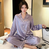 Taooba Christmas Outfit Women's Pajamas Sets Spring Autumn 2 Piece Buttons Down Pyjama Faux Silk Satin Sleepwear Long Sleeve Pijama Mujer Pjs Homewear