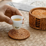 Taooba-6Pcs Drink Coasters Set For Kungfu Tea Diameter 8/10cm Tableware Placemat Dish Mat Woven Rattan Weave Coasters Pot Bowl Pad Mat