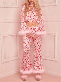 Taooba-Women Valentine's Day Loungewear Set Heart Print Feather Cuff Long Sleeve Lapel Button Down Tops with Long Pants