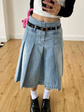 Taooba- Y2k Streetwear Denim Pleated Skirt Women Vintage Low Waist A-line Distressed Knee-lenght Jeans Skirt Japanese Fashion