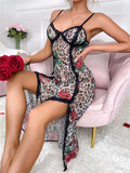 Taooba Rose & Leopard Print Lingerie Open Side Night Dress Mesh Sleepwear Sexy Nightgown Hot Babydoll