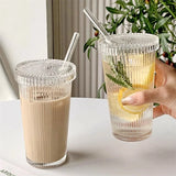 Taooba-Stripe Glass Cup with Lid Straw Japanese Style 375ml Drinking Chic Mugs Milk Coffee Drinkware Tea Birthday Gifts whiskey Glasses