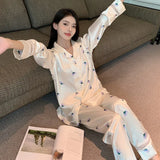 Taooba Women's 2 Piece Pajamas Set Floral Pijama Faux Silk Satin Pyjama Female Sleepwear Long Sleeve Lapel Shirt Pants Suits Homewear