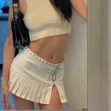 Taooba-Punk Leather Skirt Women Y2k Streetwear Low Waist A-line Split Rivet Zipper Sexy Pleated Mini Skirt Summer Night Club