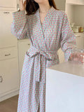 Taooba Women Robe V-Neck Sleepwear Heart Print Bathrobe Kimono Robes with Belt Korean Night Dress Bridesmaid Dressing One Piece Pajamas