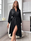 Taooba Christmas Outfit Leopard Print Night Robe Long Sleeve V Neck Robe With Belt  Women's Sleepwear