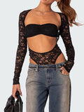 Taooba-Sexy Women Balck Lace Bodysuit Long Sleeve Solid Color Cutout Leotard Tops High Cut Playsuit