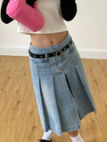 Taooba- Y2k Streetwear Denim Pleated Skirt Women Vintage Low Waist A-line Distressed Knee-lenght Jeans Skirt Japanese Fashion