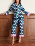 Taooba-Valentine's Day Feather Trim Pajamas Set Striped Long Sleeve Shirt and Wide Leg Pants Cute Matching PJ Sleepwear Loungewear