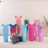 Taooba-1pc Studded Tumbler With Mouse Lid And Straw Shining Sparkling Gradient Colorful Large Capacity Double-wall Plastic Water Bottle