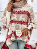 Taooba-Women's Christmas Sweaters Shawl Classic Elk Snowflake Print Batwing Sleeve Turtleneck Pullover Knit Tops 2024 New Year