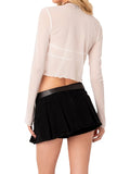 Taooba-Women Sexy Summer Sheer Mesh Blouse Long Sleeve Tie-up Front Slim Fit T-Shirt See-Through Crop Tops