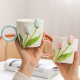 1pc Tulip Flower Ceramic Mug 3D Design Creative Relief Girl Heart Coffee Cup Birthday Mothers Day Gift for Her Afternoon Tea Cup