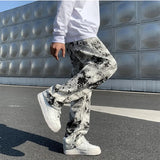 Taooba-Mens Fashion Printed jeans Spring 2023 Mopping Trousers Jeans Korean Style High Street Loose Hip Hop Wide-leg Jean Pants