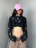 Taooba- Sexy Streetwear Crop Black T Shirts Women Y2k Hollow Knitted Cropped Mesh Top Female Goth 2000s Shirts Kpop Chic Tees