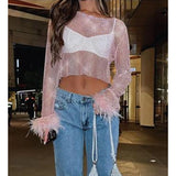 Taooba-y2k T Shirt Sexy Women Hollow Out Fishnet Round Neck Long Sleeve Tops with Feather Decor 2000s Clothing Streetwear Party Clothes