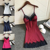 Taooba Christmas Outfit Women Sexy Lingerie Summer Silk Night Gown Lace Patchwork Mini Night Dress Spaghetti Strap Sleepwear Ladies With Chest Pads