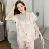 Taooba Spring Summer Satin Silk Pajamas for Women Short Sleeves Long Pants Thin Two Piece Woman New Lapel Pijamas Casual Sleepwear