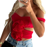 Taooba-3D Flower Top Women Summer Solid Color Off Shoulder Sleeveless Tanks Hollow Out Ruched Cropped T Shirt y2k Clothes Clubwear