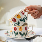 Taooba-Ins Style Retro Tulip Flower Coffee Cup with Saucer Hand-painted Art Ceramic Mug and Dish Milk Tea Cappuccino Drink Cup Gifts