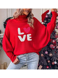 Taooba-2024 New Women Love Sweaters Turtleneck Long Sleeve Heart Knitted Pullover Love Heart Valentines Day Sweater