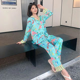 Taooba Ins Style Design Ice Silk Flamingo Pajamas Women's Spring Summer Long Sleeves Pants Home Suit Plant Flowers Sleepwear Female