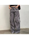 Taooba-Woman Denim Pants Loose Trousers Low Waist Sweatpants Floor-Length Cargo Pockets Pants Bell Bottoms Hiking Design Pant Y2K