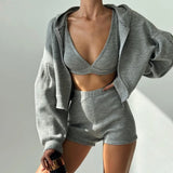 Taooba-2024 Spring and Summer knitted zipper hooded cardigan sweatshirt V-neck bra high-waisted tight shorts casual three-piece set