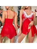 Taooba-Women Christmas Lingerie Nightdress Flower Embroidery Spaghetti Strap Mini Short Sleepwear