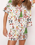 Taooba-2024 Women Christmas Pajama Set Nutcracker Printed Short Sleeve Button Shirt and Shorts 2 Piece Lounge Sleepwear