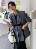 Taooba Ribbon Slit Blazer Coats For Women Notched Long Sleeves Loose Fashion Clothing Office Lady Casual Korean Style