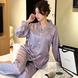 Taooba Christmas Outfit Women's Pajamas Sets Spring Autumn 2 Piece Buttons Down Pyjama Faux Silk Satin Sleepwear Long Sleeve Pijama Mujer Pjs Homewear