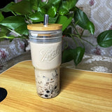 4pcs Japanese Drinking Glass With Bamboo Lid And Straw 25oz Portable Glass Tumbler For Iced Coffee Bubble Tea Summer Drinks